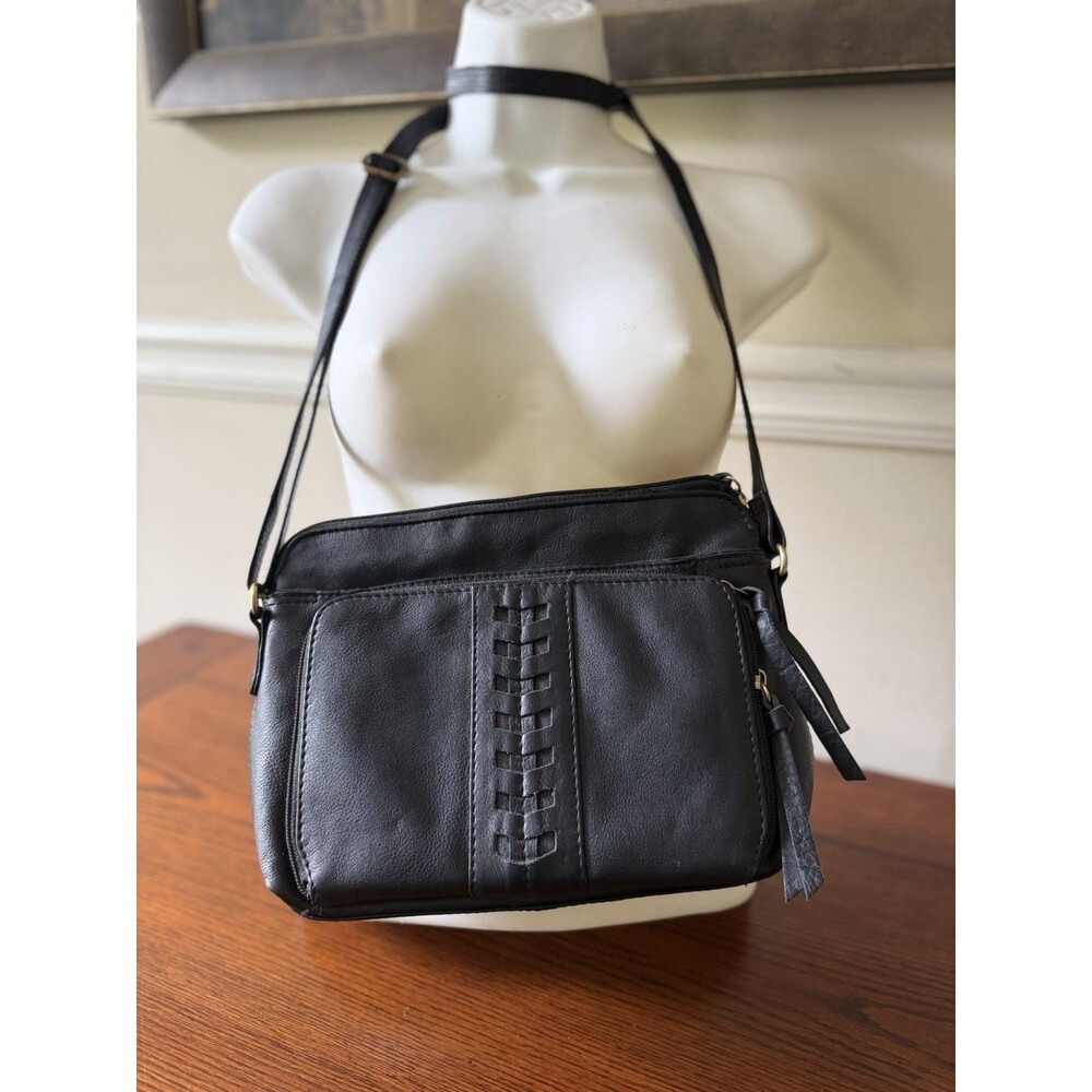 Great American LeatherWorks Black Leather Medium Crossbody Woven Bag Purse